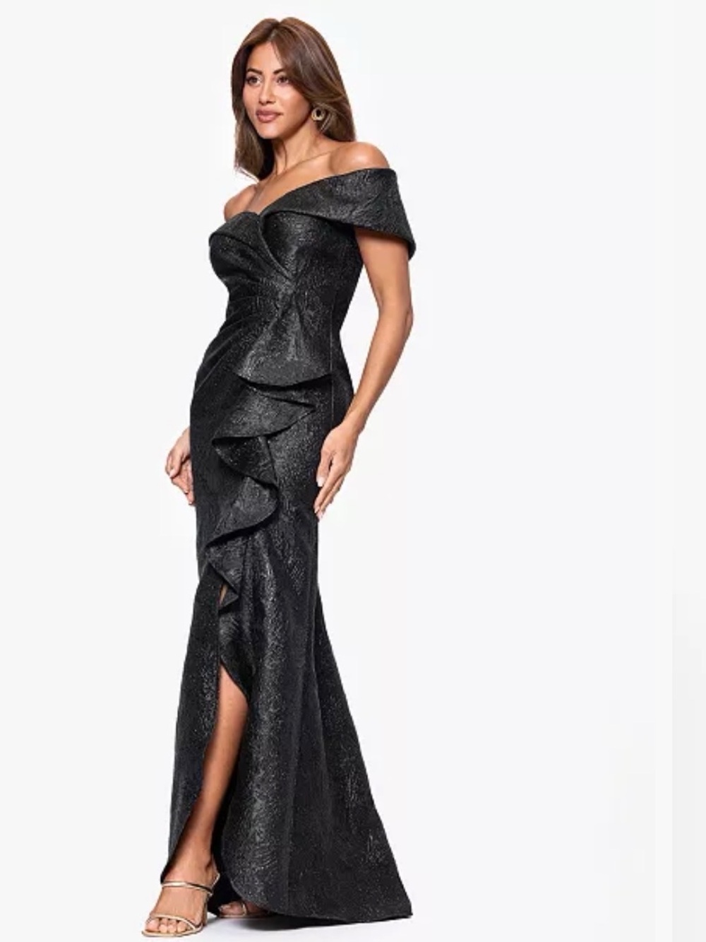 Xscape Black Off-Shoulder Textured Ruffle Gown - Picture 2 of 8